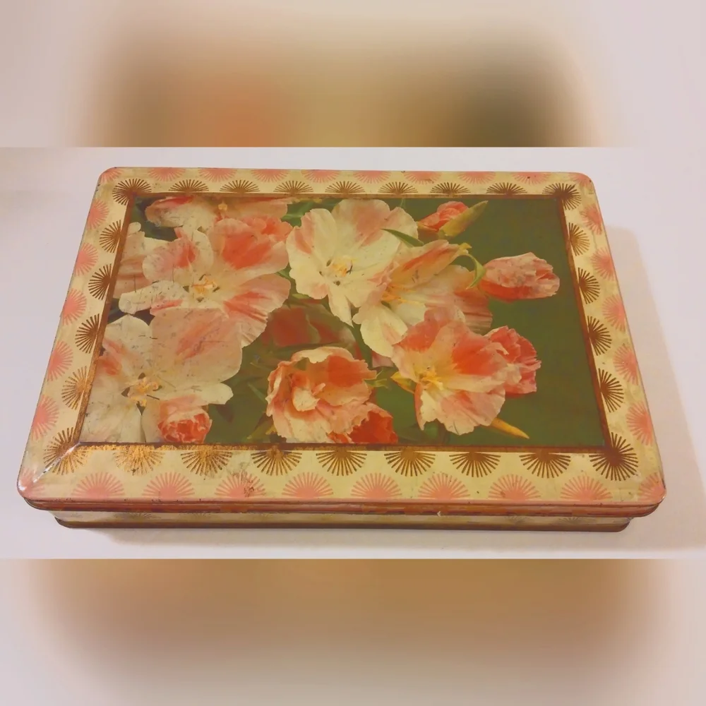 Vintage Floral Tin Box with Pink and Gold Design